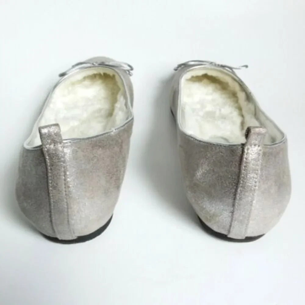 Chico's Glitter Faux Fur Lined Bow Front Flats Silver 9.5